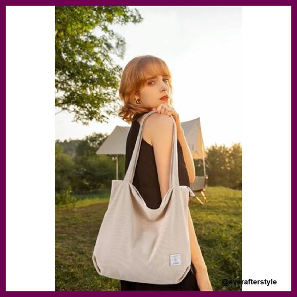 Corduroy Tote Bag Zipper Casual Large Capacity Shoulder Bag with Pockets - Picture 4 of 8